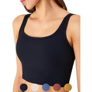 Chilylori Women's Seamless Sports Bra Workout Crop Top Ribbed Padded Longline Wirefree Medium Support Tank Tops Fitness (Black)