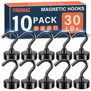 FINDMAG 9 Pack Black Magnetic Hooks, 30lbs Neodymium Magnet Hooks for Hanging, Strong Magnetic Hooks Magnet with Hooks for Home, Kitchen, Office, Warehouse, School