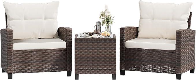 Shintenchi 3 Pieces Patio Furniture Set 3 Pieces PE Rattan Wicker Chairs with Table Outdoor Furniture for Backyard/Garden/Poolside/Outdoor Restaurant Brown Rattan with White Cushion