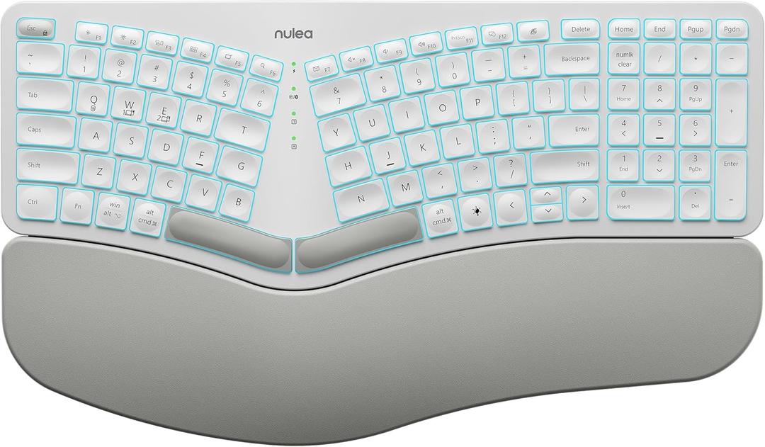Nulea RT05 Wireless Ergonomic Keyboard, Split Keyboard with Wrist Rest, USB-C Charging, 7-Color Backlight, Natural Typing, Bluetooth and USB Connectivity, Compatible with Windows,Mac (White)
