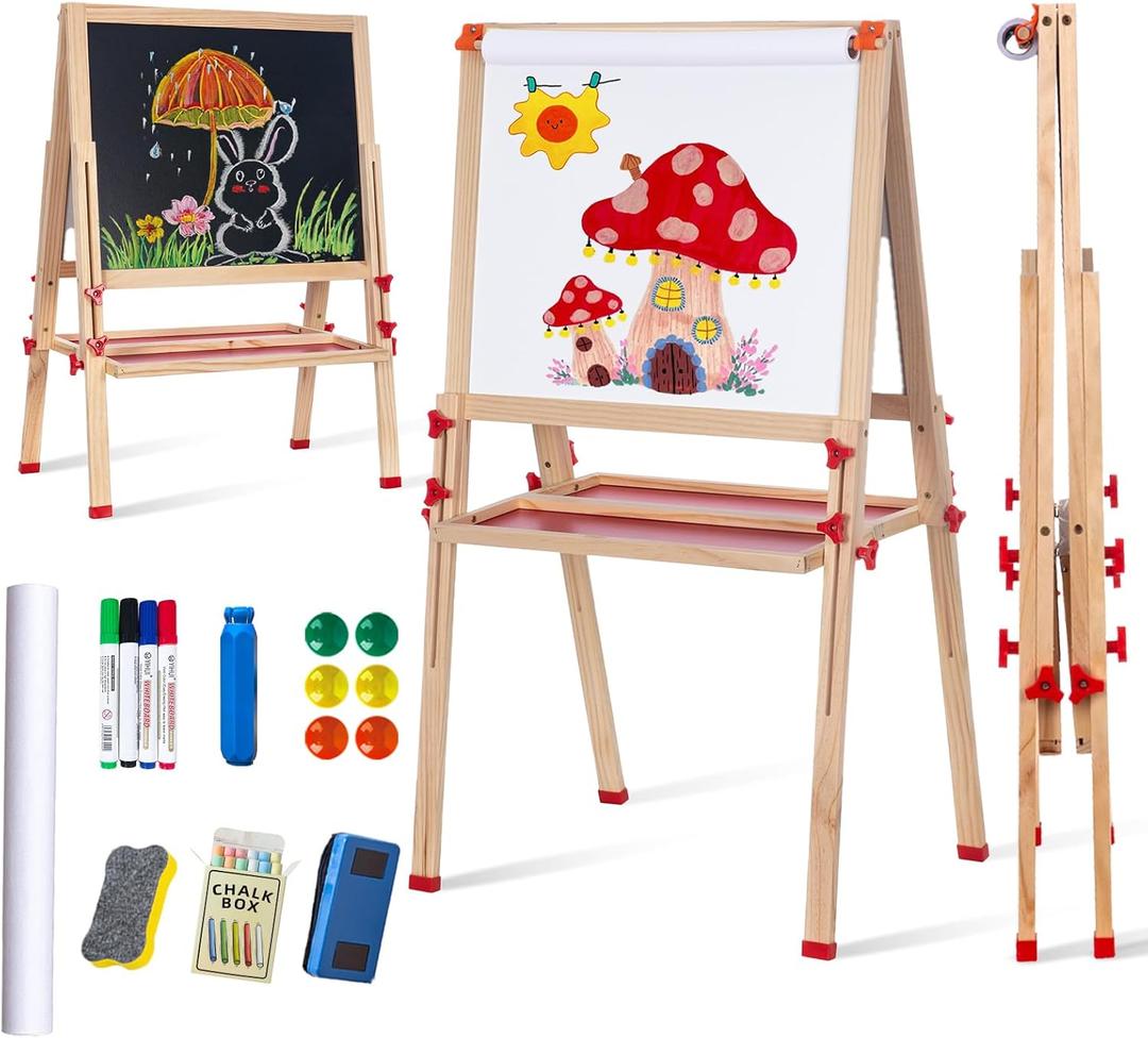 Wooden Adjustable Easel for Kids,Quick-Fold Kids Easel with Paper Roll&Accessories, Double Sided Painting Easels for Toddlers 3,4,5,6,7,8,9,10 Years,Perfect Painting Gifts&Supplies for Boys&Girls