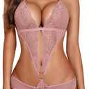 Avidlove Women Deep V Lingerie Lace Teddy One Piece Babydoll Mini Bodysuit (Small, Skin)