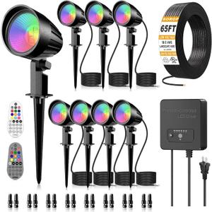 RGBW Low Voltage Landscape Lights Kit, 15W Color Changing Landscape Lights with Transformer 65FT UL-Listed Wire, Outdoor Spotlights IP66 Waterproof Remote Control for Holiday Yard Garden, 8Pack