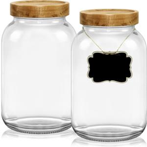 2 pack 1 Gallon Glass Jars with Airtight Lid, Wide Mouth Mason Jars with Wood Lid, 128 oz Large Glass Jars for Kitchen to Store Flour, Rice, Beans, Grains, Oats, Pasta, Sugar, Cookies