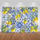 Blue Tiles Lemon Backdrop 8x6ft Summer Fruit Baby Shower Birthday Background Party Decorations Lemon Wall Paper Dessert Table Cloth Banner Photo Booth Props