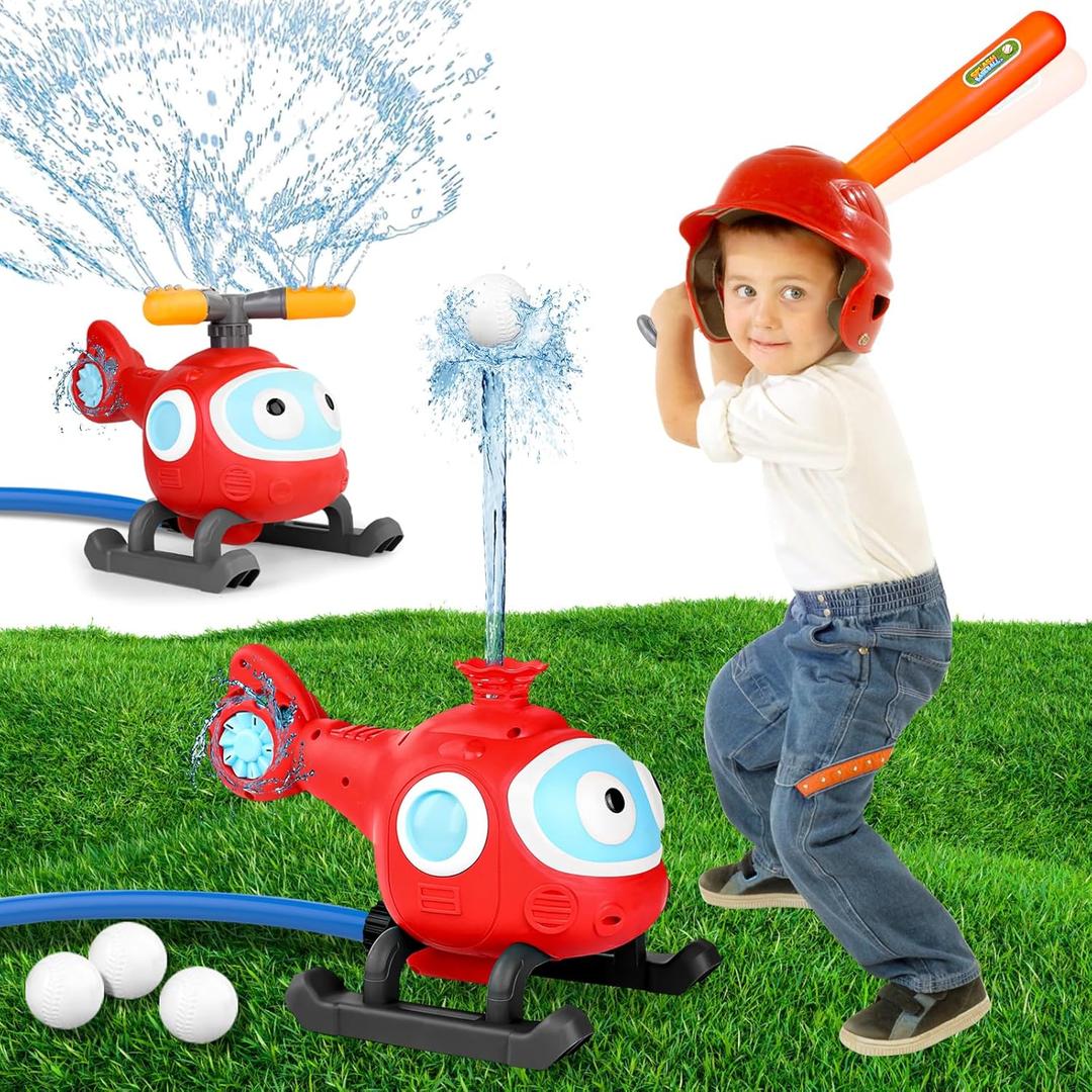 2-in-1 Water Sprinkler Baseball Helicopter Toy for Kids Outdoor Play, Attaches to Garden Hose, Summer Outside Toys Lawn Backyard Game Pool Party for Kids Age 3 4 5 6 7 8, 12 Gift