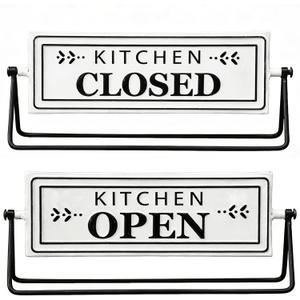 Kitchen Open Closed Sign, Rotating Tabletop Decor with Embossed Metal, 12 Inch Double Sided Freestanding Sign for Countertop, Modern Home Kitchen Cafe Decor, Black and White