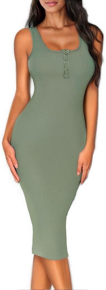 Women's Summer Dresses Button Front Ribbed Bodycon Tank Dress Square Neck Sleeveless Casual Midi Dress Green