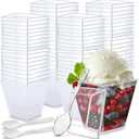 Oasis Creations 8 oz Square Dessert Cup - 50 Count - Lids & Spoons Included - Clear Plastic - Appetizer & Parfait Cup - Disposable or Reusable