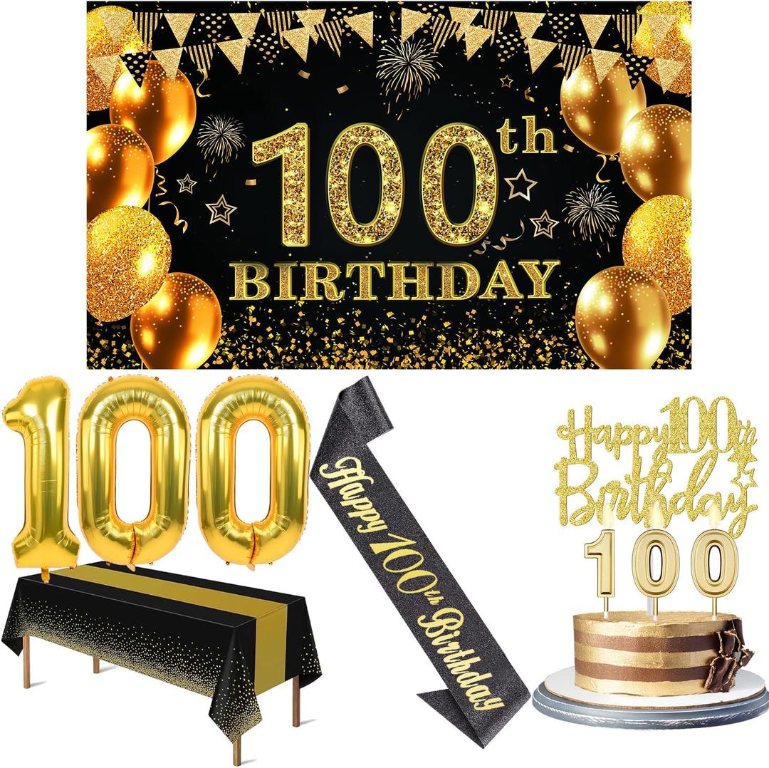 100th Birthday Decorations Men Women with 100th Birthday Banner, Black and Gold Table Cloth, Number Balloons, Large Sash,Cake Topper and Candles
