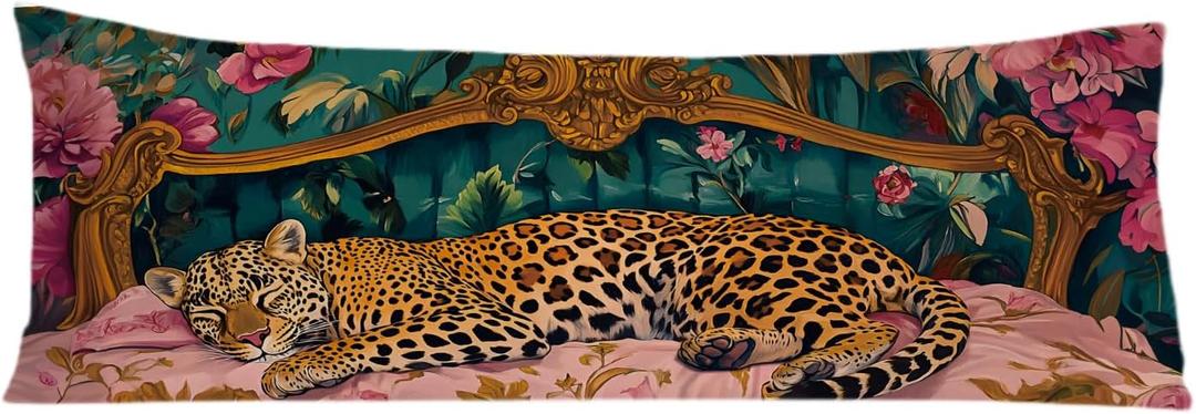 Vintage Leopard Floral 20x54 Body Pillow Cover, Cheetah Room Decor, Trendy Retro Sleepy Leopard Pink Flowers Decorative Long Body Pillow Cases for Bed Couch