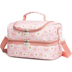 Insulated Kids Dual Compartment Lunch Bags Tote for Girls Boys Toddler Lunch Boxes Pre-School Toddler Kindergarten Elementary Picnic Food Cooler Thermal with Strap (Rainbow Daisies)