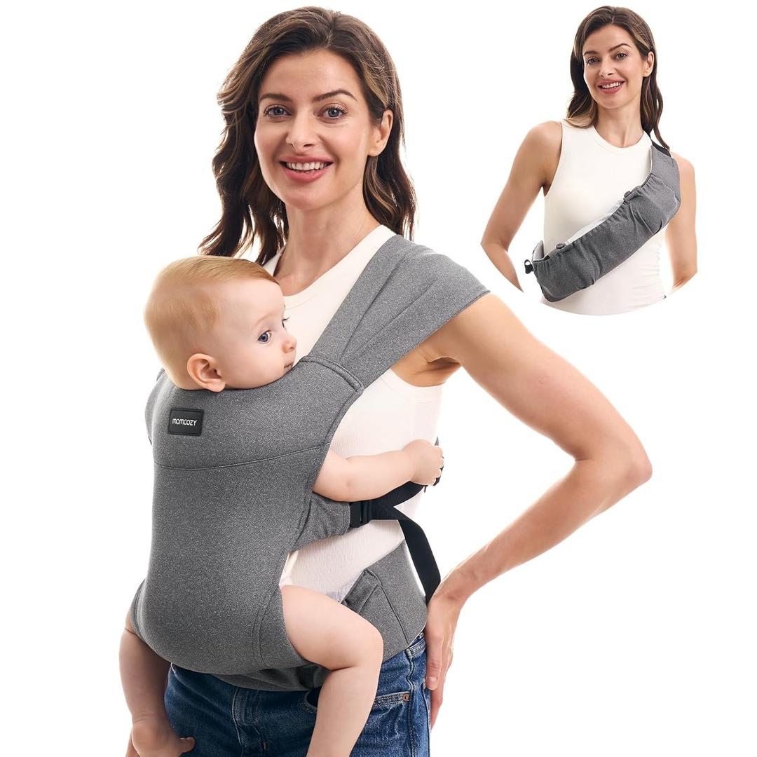 Momcozy Portable Baby Carrier  Compact & Lightweight, Adjustable for Travel, Fold & Go Convenient Storage Hip Pouch, Wide Shoulder Straps, Soft Skin-Friendly Fabric, for Babies 1235 lbs (Grey)