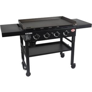 Char-Griller Flat Iron 4-Burner Propane Gas Flat-Top Griddle with Steel Griddle Top, Wind Guards and Instant-Ignition, 775 Cooking Square Inches in Black, Model E8936