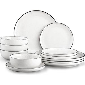Plates and Bowls Sets for 4,12 Pieces Ceramic Dish set, White Dinnerware Set for Kitchen, Modern Design Plate Sets with Black Rim, Microwave and Dishwasher Safe