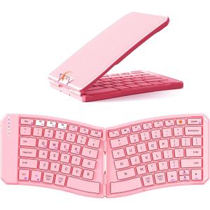 MEETION New Ergonomic Bluetooth Foldable Keyboard, Split Compact Portable Wireless Keyboard for Business Travel, Rechargeable Folding Keyboard for Tablet PC Smartphone iOS Android Windows Mac Pink