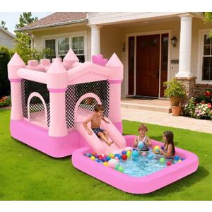 MUKDIY Inflatable Bounce House with Pool & Slide, 12x6.2ft Water Park Jumping Castle for Kids,Heavy-Duty 840D Oxford Fabric, Ages 3-8, Includes 350W Blower, 8 Stakes, (Up to 3 Kids), Light Pink