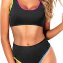 Tempt Me Women Sporty Bikini Set Two Piece High Waisted Swimsuit Athletic Scoop Neck Bathing Suit Colorful Black L