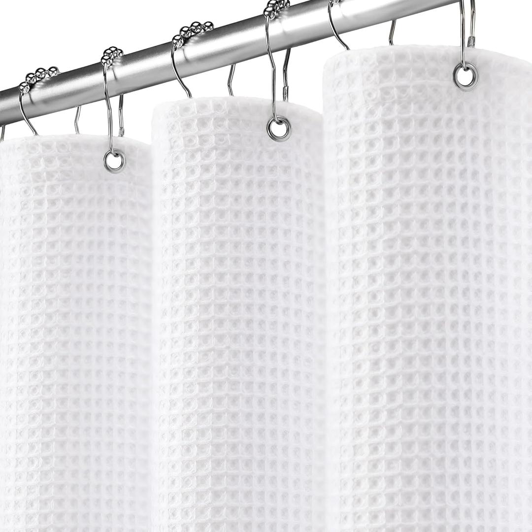 Waffle Weave Shower Curtain - White Cotton Fabric Texture Heavyweight Shower Curtain for Bathroom, Washable, 72W x 72L