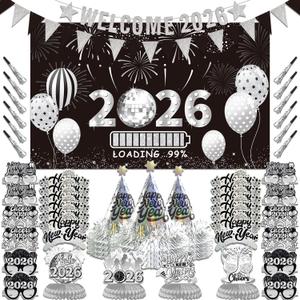 2026 New Year Eve Party Supplies for 24 Guests - New Years Decorations Silver, Large Happy New Year 2026 Banner , Glitter Cone Hats , Welcome Banner, Headwear, Eyeglasses Honeycomb Centerpieces