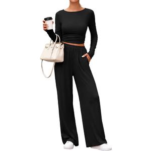 PRETTYGARDN Two Piece Lounge Sets For Women 2025 Casual Long Sleeve Shirts Wide Leg Pants Tracksuit Workout Matching Set (Black, XXL)