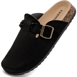 Women's Suede Clogs Mens Leather Mules Comfort Cork Footbed Sandals with Arch Support and Adjustable Buckle (Black)