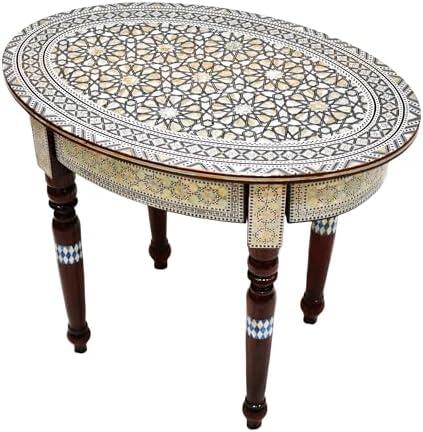 FAMA.store Morrocan Table Design Mother of Pearl Inlaid,Arabic Side Corner cofee Table for Living Room (Brown Oval)