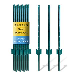 ARIFARO Fence Posts 3 Feet Sturdy Duty Metal Fence Post, Pack of 16, No Dig Garden U Post for Wire Fencing Steel Post for Yard, Outdoor Wire (Green 16 PCS)