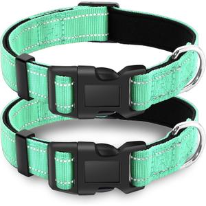 2 Pack Reflective Dog Collar with Safety Locking Buckle, Adjustable Soft Breathable Comfortable Nylon Pet Collar for Small, Medium and Large Dogs, Turquoise, L (Large (Width 1"))