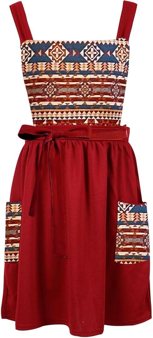 Kitchen Apron with Pockets, Womens Pinafore Dress, Floral Apron for Cooking Gardening, Gift for Mom, Wife, Girlfriend (Red)