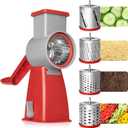 4-in-1 Rotary Cheese Grater Handheld, Lightweight Body with 4 Stainless Steel Blades & Non-Slip Suction Base, for Shredding Parmesan, Slicing Vegetables, Grating ChocolateRed