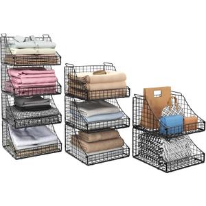 4-Pack Stackable Wire Baskets for Closet and Storage - Open Bins for Clothes, Toys, Snacks - Rustic Metal Shelves in Black