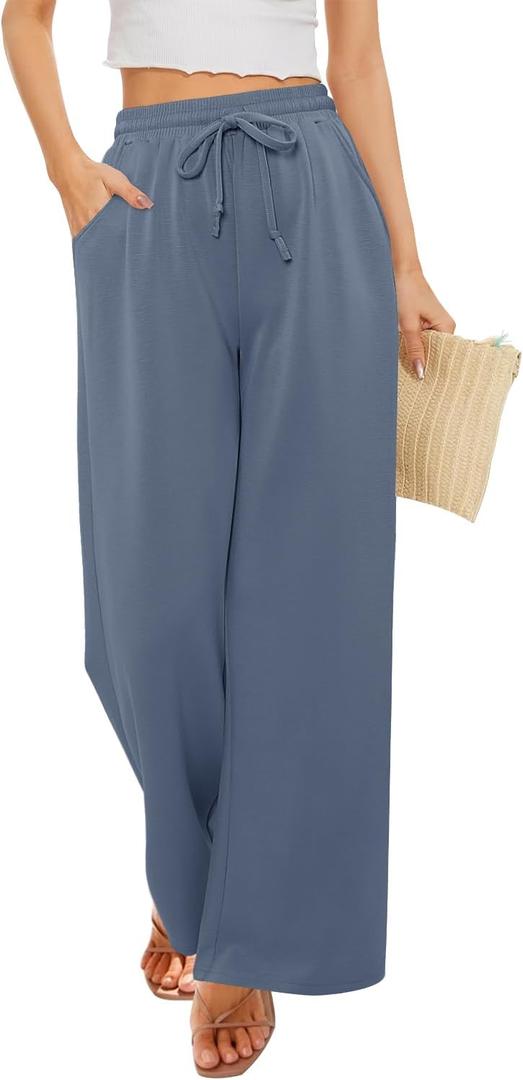 Angerella Womens Baggy Wide Leg Pants High Waisted Casual Lounge Pant Loose Comfy Stretchy Trousers with Pockets (L)