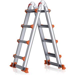 A Frame Ladder, 14Ft Aluminum Extendable Ladder with Stabilizer Bar, Easily Collapsible Telescoping Ladder for Home, Roof, Rv, Outdoor Work, 330 Lbs (Silver+Orange)