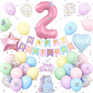 2nd Birthday Decoration for Girls,Easter Pastel Rainbow 2nd Balloon Number 2 Balloon Butterfly Stickers Star Heart Foil Balloons Banner for Baby 2 Year Old Party Decor