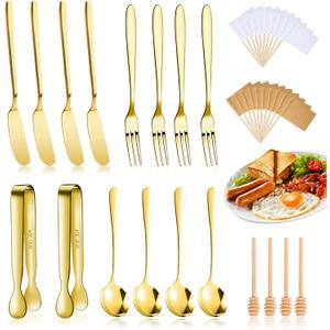 18 Pieces Cheese Butter Spreader Knives Set Charcuterie Accessories Stainless Steel Spreader Knives Charcuterie Boards Utensils Mini Serving Tongs Spoons and Forks for Pastry Making (Golden)
