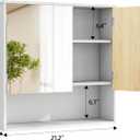 Bathroom Cabinet with Mirror & LED, Wall Mounted Bathroom Cabinet,Side Hook | Mirror Door | LED Light | Adjustable Shelves | Side Hook | Open Bottom Shelf | White & Wood Grain | Over Toilet Mount, 6.6"D x 21.2"W x 21.6"H