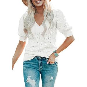 Foshow Womens Puff Short Sleeve Sweater Tops Summer Lightweight Loose Knit Pullover Shirts Blouses, S