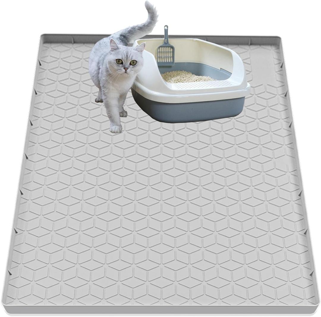 Jacooxi Cat Litter Mat for Litter Box, Silicone Large Cat Litter Trapping Mat - 31x22 in, Waterproof & Non-Slip, Durable & Easy Clean, Light Gray