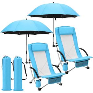 Colingmill 4 Pcs Low Beach Chair with Umbrella Camping Chair Backpack Folding Recliner Mesh Back with Headrest Cup Holder Carry Bag for Summer Tent Picnics Outdoor Travel Barbecues (Sky Blue)