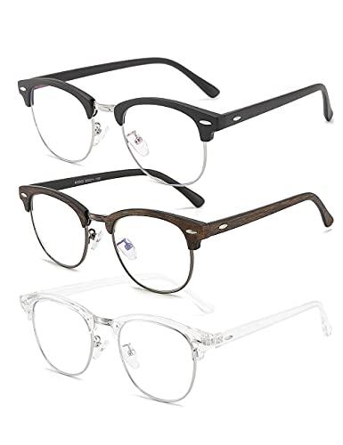 SOAR&EAGLE 3 Pack Blue Light Blocking Glasses,Computer Gaming Glasses,Retro Semi Rimless UV400 Clear Lens Computer Eyewear For Men/Women (Sand black silver/Wood grain gun/Crystal silver) +3.0