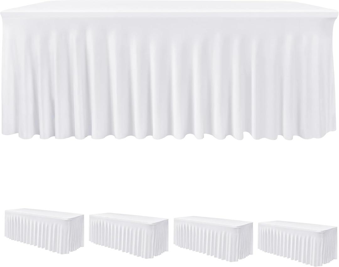 HolidayIdeas White Spandex Table Covers 6 Foot, Fitted Stretch Table Skirts 30x72 Inch, Wrinkle-Free Floor Length Polyester Tablecloths for Weddings Parties Banquets Events,4 Pack