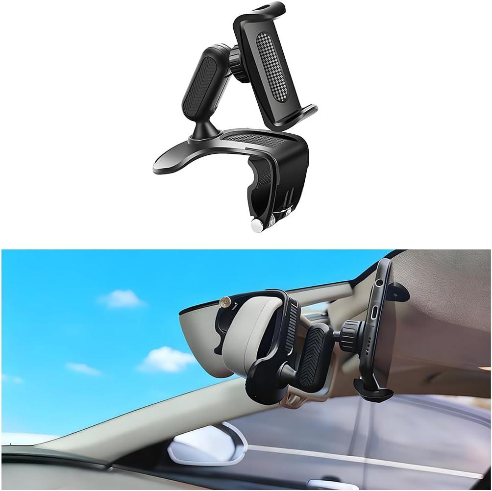 Car Dashboard Phone Holder, 360 Rotatable Hands Free Vehicle Dash Clip Mount Mobile Phone Stand, Auto Sun Visor & Rearview Mirror Cellphone Mount, Suitable for Most 4-7" Smartphones