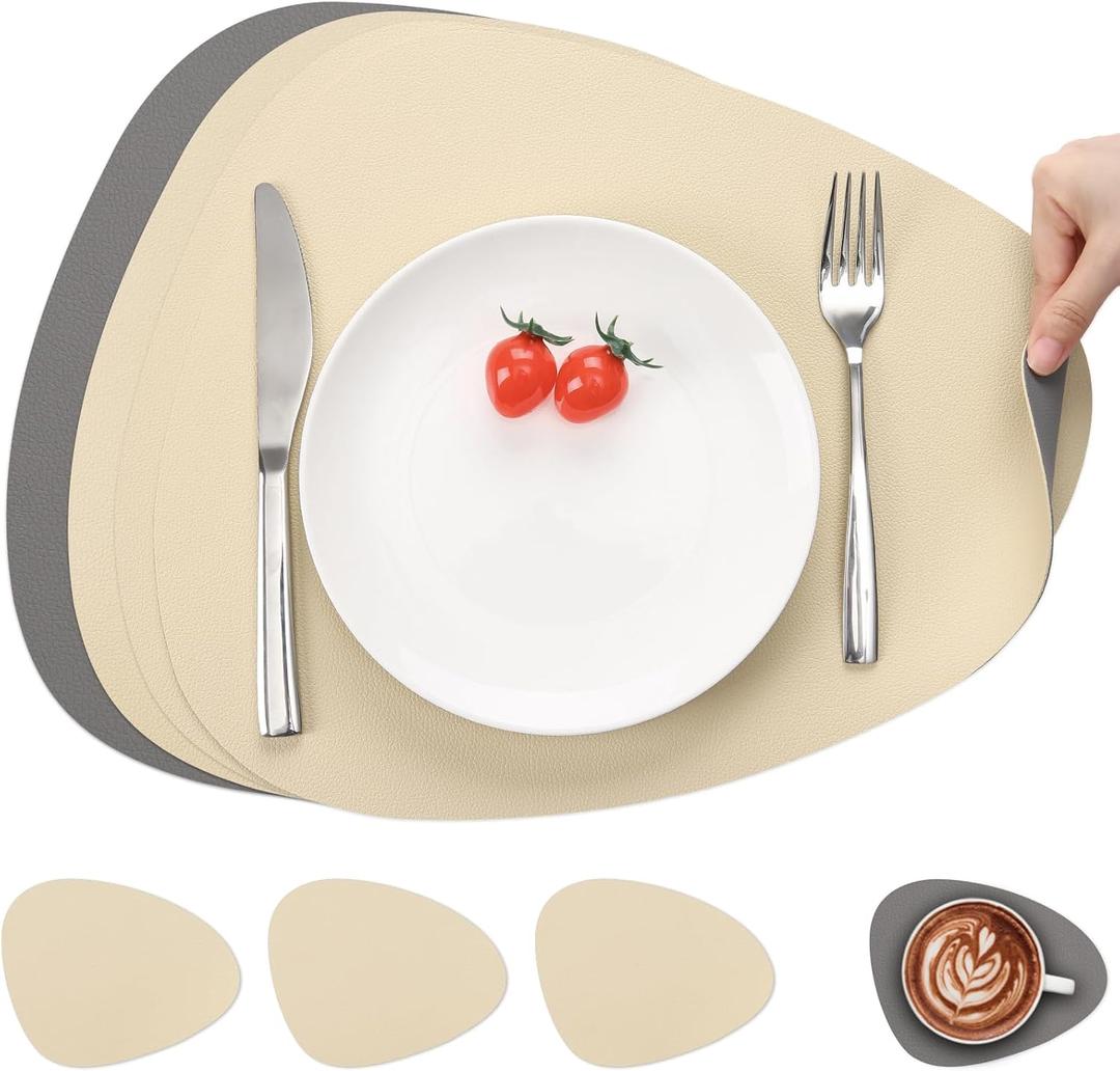 Myir JUN Placemats, Dual-Sided Placemats Waterproof Faux Leather Placemats Set of 6 Place Mats and Coasters Non-Slip Washable Table Mats for Dining Table (Gray Wheat, Set of 4)