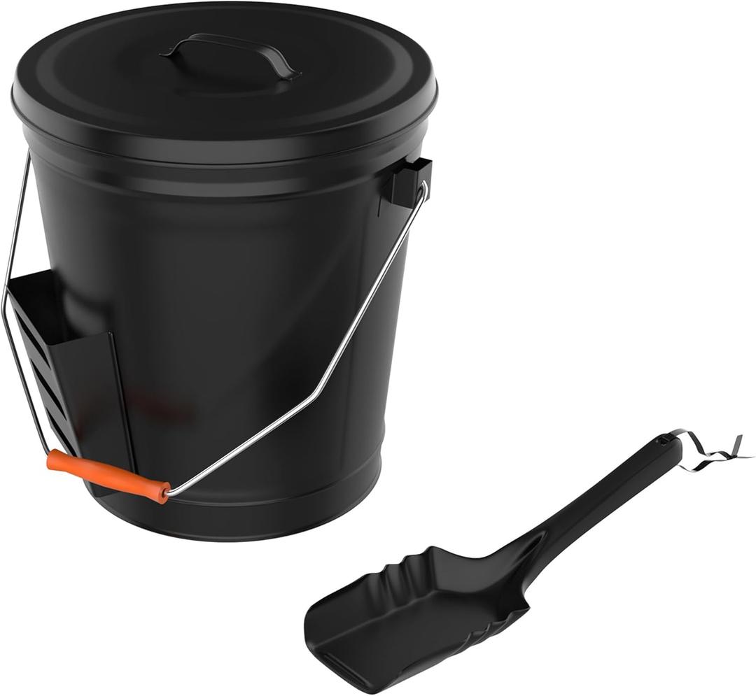 Home-Complete 4.75 Gallon Black Ash Bucket with Lid and Shovel-Essential Tools for Fireplaces, Fire Pits, Wood Burning Stoves-Hearth Accessories