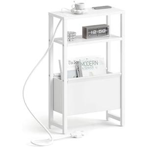 IRCPEN Narrow Side Table with Charging Station Slim End Table Sofa with Magazine Rack, Bedside Table for Small Spaces, 3 Tier Nightstand for Living Room Couch, Bedroom White LET503WE