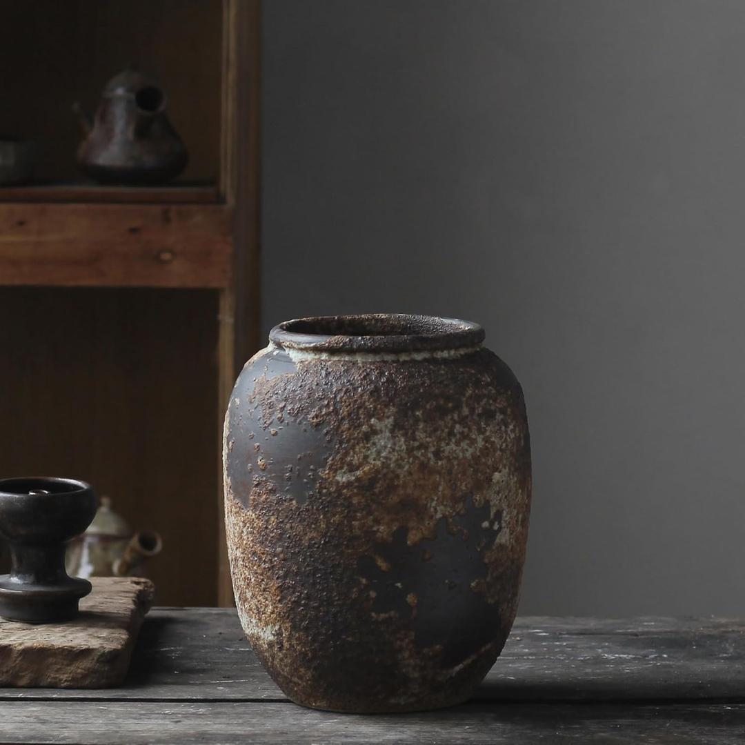 Denique Rustic Vase for Home Decor, Farmhouse Terracotta Vases, Large Ceramic Vase for Living Room Decor, Black Pottery Vase Large Clay Vase, Rustic Farmhouse Tabletop Decor(B-22cm) (B-8.86inch Height)