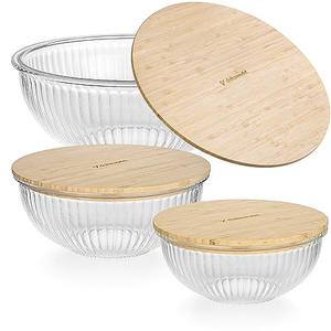 dokaworld Stackable Space-Saving Nesting  Glass Bowls with Bamboo Lids for Foodprep, Storage, Mixing & Cooking - Microwave & Oven Safe BPA Free Durable Heat Resistant Inert Borosilicate Glass