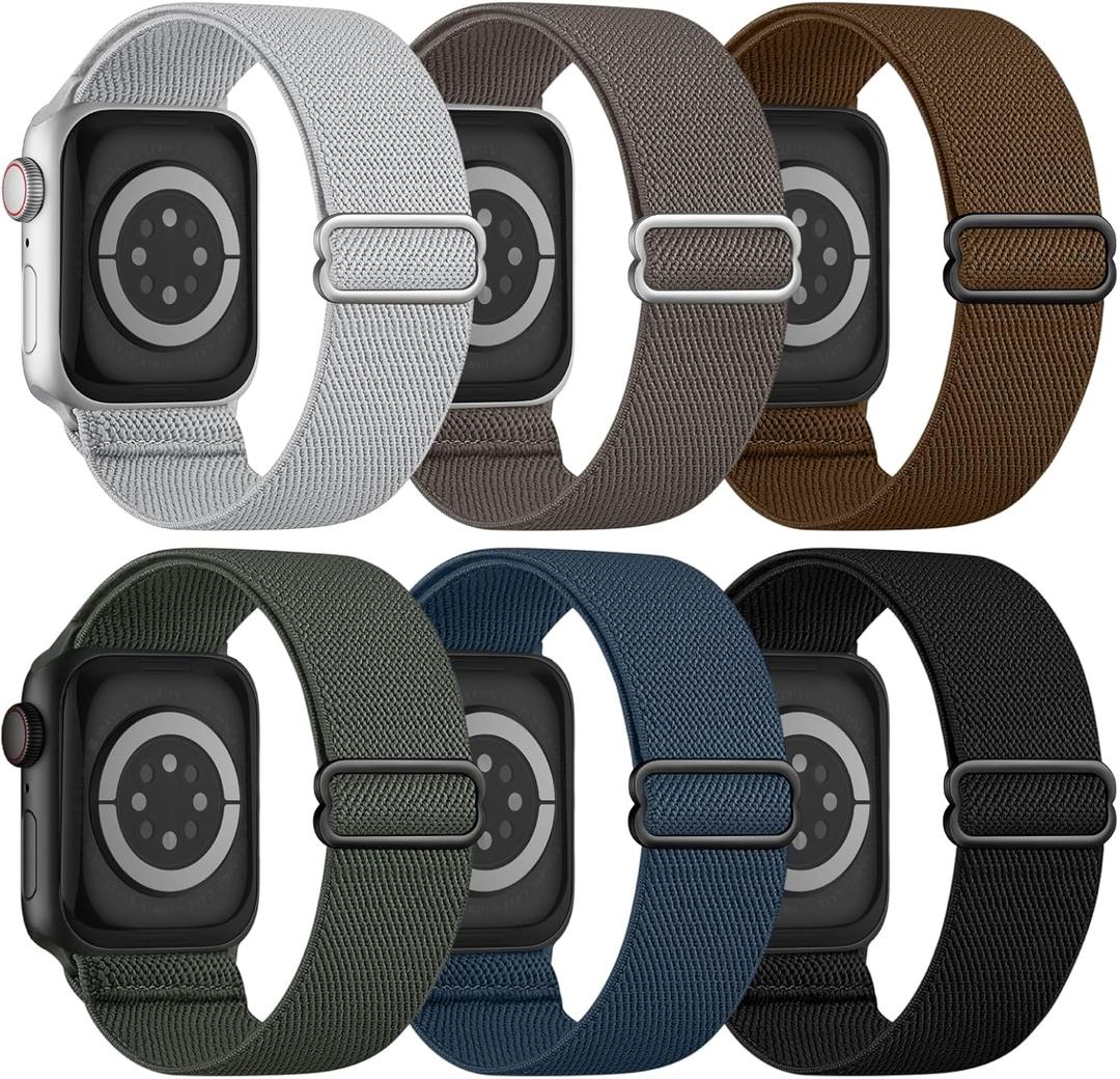 6 Pack Stretchy Solo Loop Compatible with Apple Watch Band 45mm 46mm 44mm 42mm 49mm 41mm 40mm 38mm Men Women, Braided Elastic Nylon Strap for iWatch Series 10 9 8 7 6 5 4 3 SE SE 2 Ultra Ultra 2 (Black/Clay/StoneGrey/Grey-Green/Brown/Indigo)