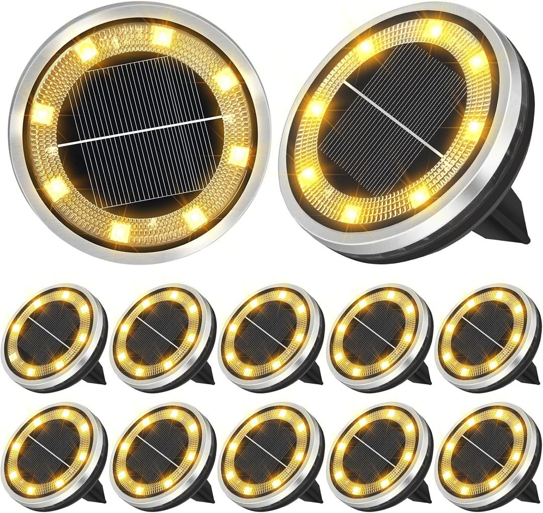 ZAIYW 12 Pack Solar Ground Lights Outdoor Waterproof Pathway Lights Solar Powered Disc Landscape Lighting for Garden Lawn Yard Walkway Deck Decoration (Warm White)